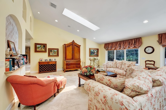 4590 Live Oak Blvd, Delray Beach, FL 33445 - living room with high vaulted ceiling, recessed lighting, baseboards, a skylight, and visible vents