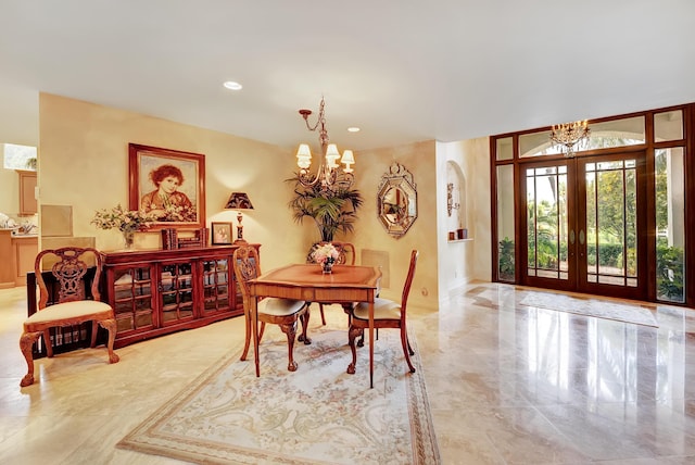 4590 Live Oak Blvd, Delray Beach, FL 33445 - dining room with recessed lighting, an inviting chandelier, french doors, and marble finish floor