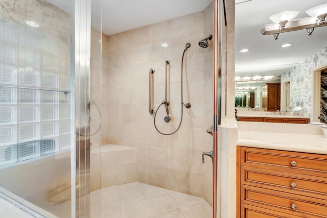4590 Live Oak Blvd, Delray Beach, FL 33445 - full bathroom featuring a shower stall, tile patterned flooring, and vanity