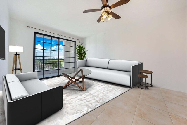 tiled living room with ceiling fan