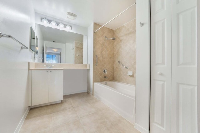 bathroom featuring tile patterned flooring, tiled shower / bath, and vanity