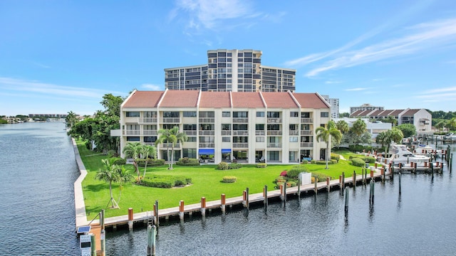 view of building exterior with a water view