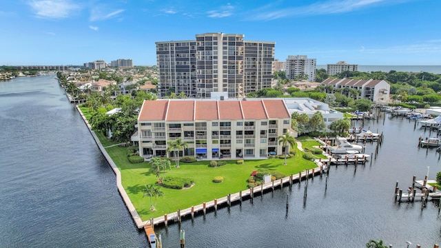 birds eye view of property featuring a water view