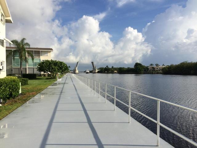 exterior space with a water view