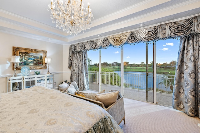 carpeted bedroom featuring a notable chandelier, a water view, access to outside, a raised ceiling, and crown molding