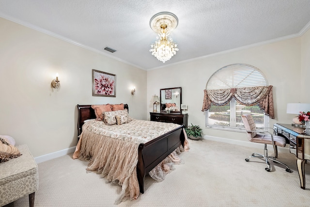 bedroom with light carpet, crown molding, a textured ceiling, and a chandelier