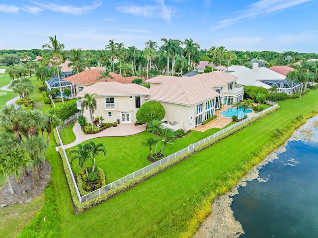 bird's eye view with a water view