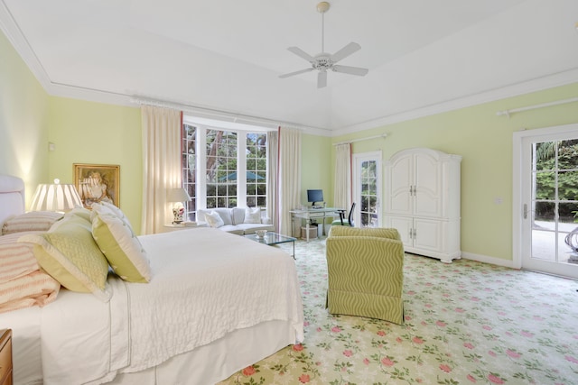 carpeted bedroom with access to exterior, ceiling fan, and crown molding