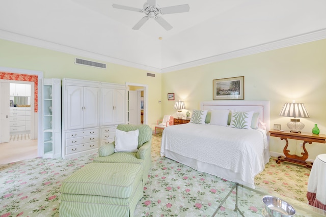 bedroom featuring light carpet, ornamental molding, and ceiling fan