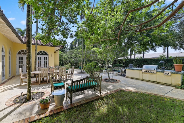 view of yard with a patio area, an outdoor kitchen, and french doors