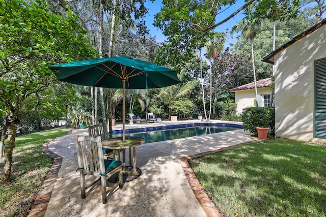 view of pool with a patio area and a yard