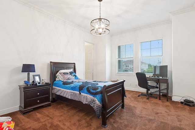 bedroom with ornamental molding, a chandelier, and dark colored carpet