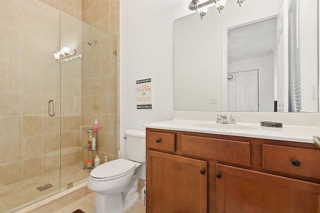 bathroom featuring tile flooring, walk in shower, vanity, and toilet