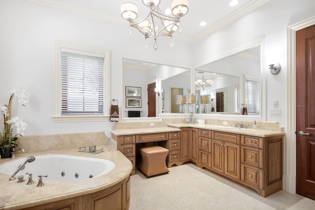 bathroom featuring a chandelier, large vanity, crown molding, and a bathtub