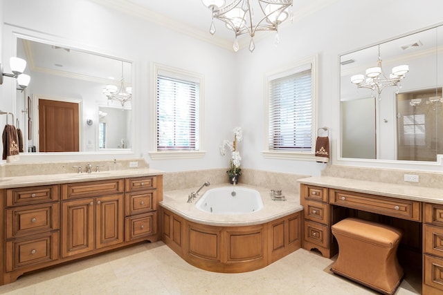 bathroom featuring vanity, a notable chandelier, a washtub, tile floors, and crown molding