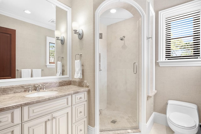 bathroom featuring toilet, crown molding, an enclosed shower, tile flooring, and large vanity