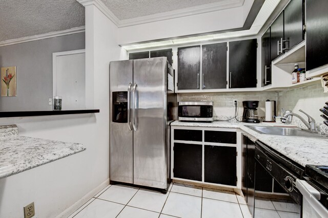 kitchen featuring tasteful backsplash, ornamental molding, stainless steel appliances, sink, and light tile patterned flooring