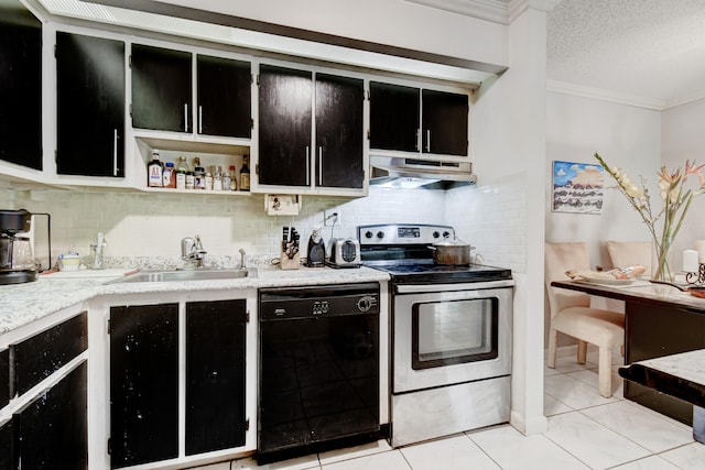 kitchen featuring dishwasher, sink, backsplash, crown molding, and stainless steel electric stove