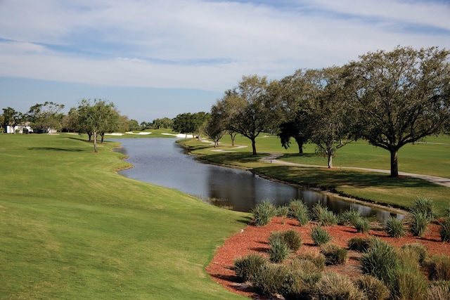 view of property's community with a water view and a yard