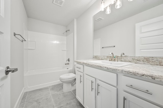 full bathroom featuring toilet, shower / bathtub combination, tile floors, and large vanity