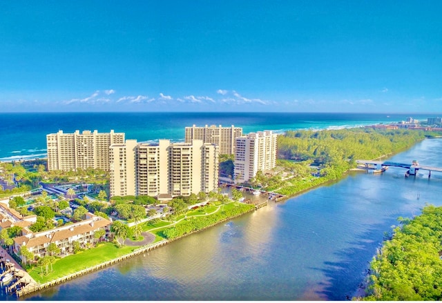 drone / aerial view featuring a water view