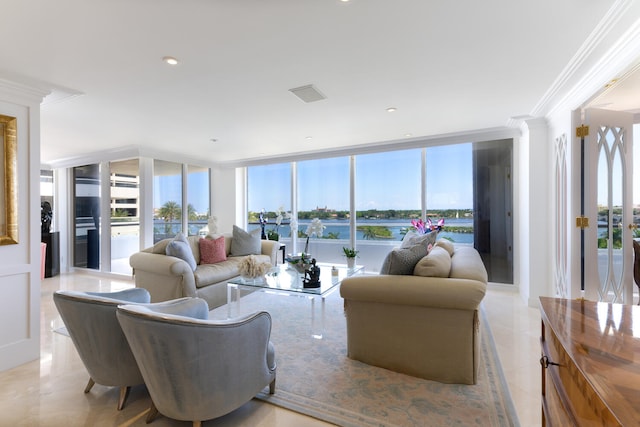 tiled living room featuring expansive windows and plenty of natural light