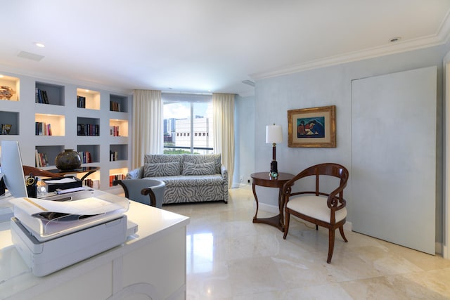 living room with ornamental molding and built in features