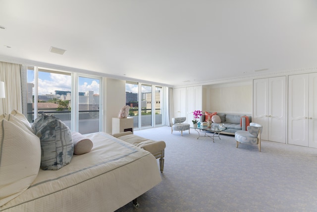 carpeted bedroom with access to exterior and floor to ceiling windows