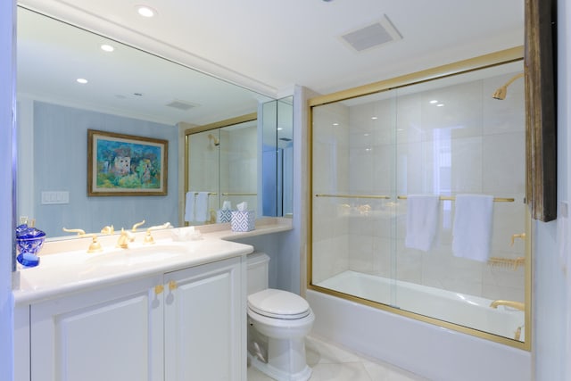 full bathroom with toilet, combined bath / shower with glass door, vanity, and tile patterned flooring