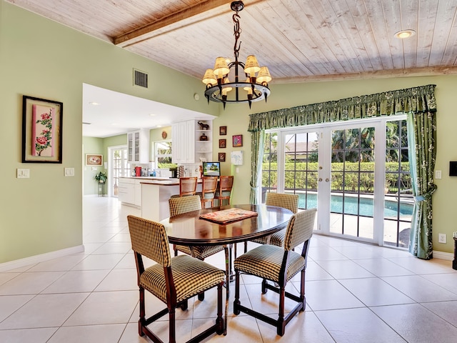 dining room with vaulted ceiling with beams, light tile floors, wood ceiling, french doors, and an inviting chandelier