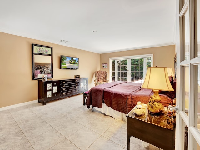 bedroom with light tile floors, french doors, and crown molding