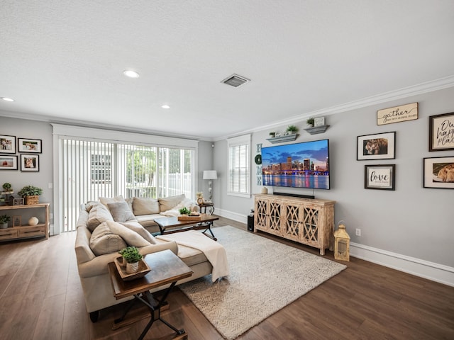 living room with ornamental molding, dark wood-type flooring, and a textured ceiling