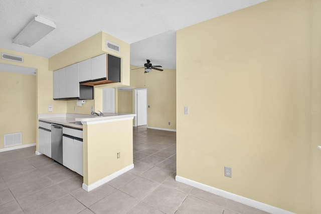 kitchen featuring ceiling fan, sink, light tile floors, white cabinets, and stainless steel dishwasher