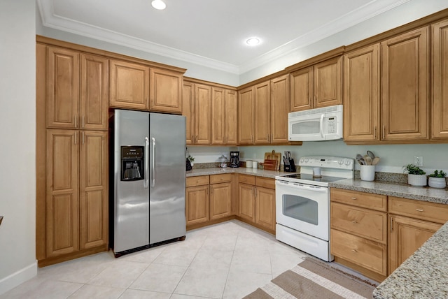 kitchen with crown molding, light tile floors, white appliances, and light stone counters