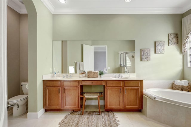 bathroom with tiled tub, double vanity, ornamental molding, and tile flooring