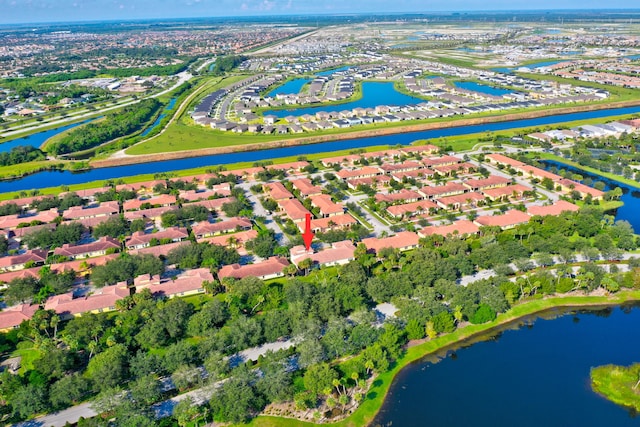 aerial view featuring a water view