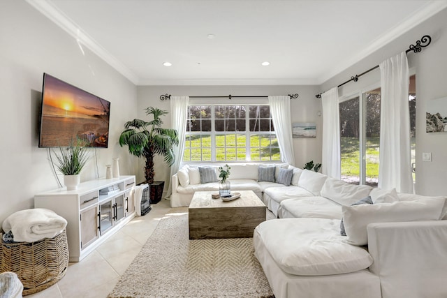 tiled living room featuring crown molding