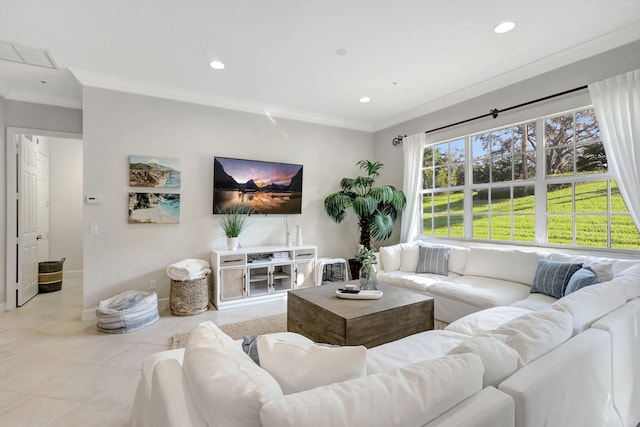 tiled living room with crown molding