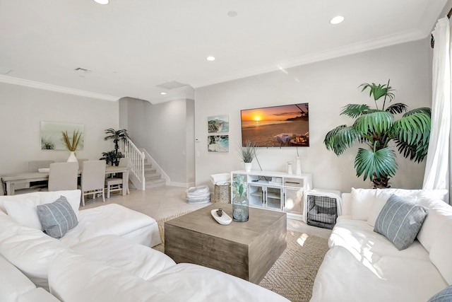 tiled living room with crown molding