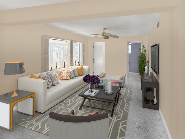 carpeted living room featuring ceiling fan