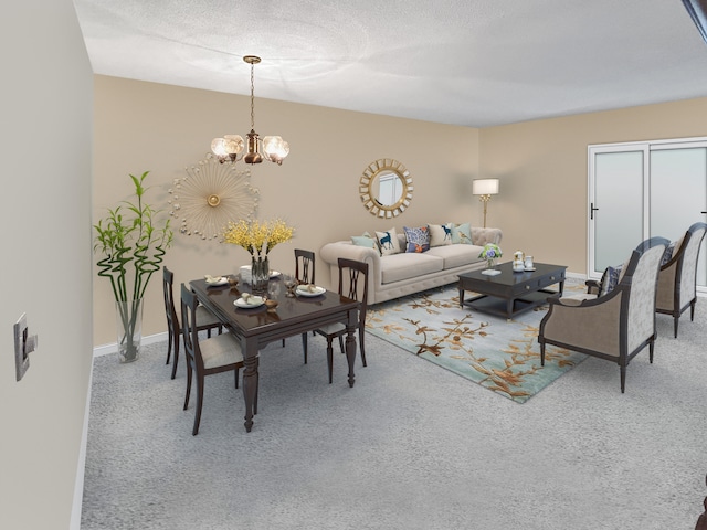 carpeted living room featuring an inviting chandelier and a textured ceiling