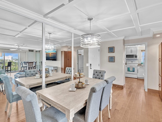 dining space featuring crown molding, coffered ceiling, light hardwood / wood-style floors, beamed ceiling, and ceiling fan