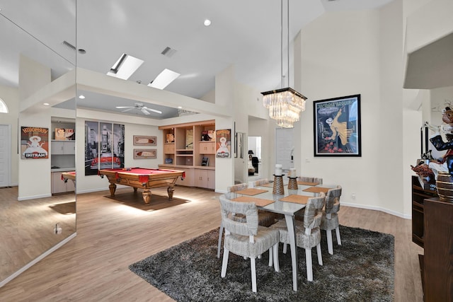 rec room featuring visible vents, baseboards, high vaulted ceiling, pool table, and light wood-style flooring