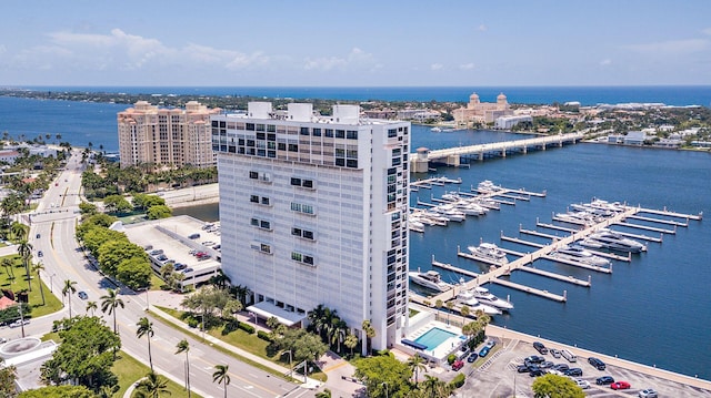 aerial view featuring a water view