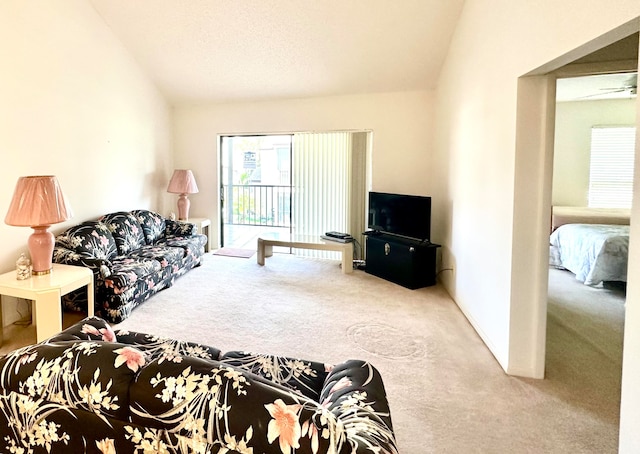 bedroom featuring light carpet, access to outside, and lofted ceiling