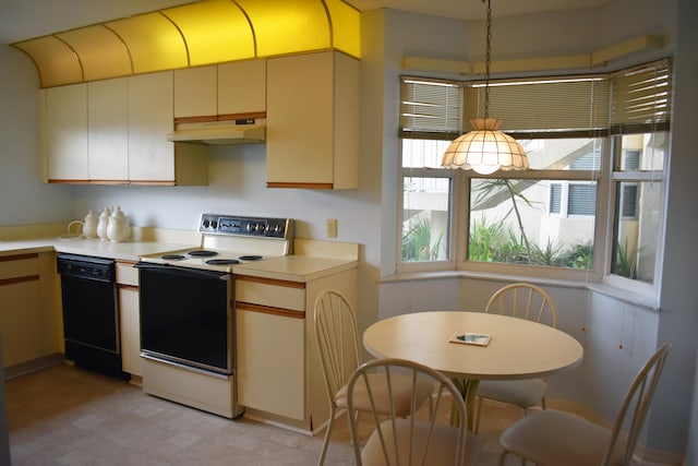 kitchen with light tile flooring, black dishwasher, and electric range