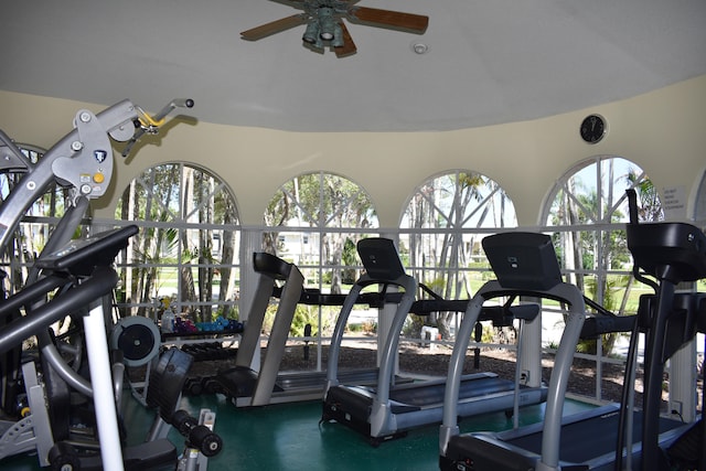 gym featuring ceiling fan