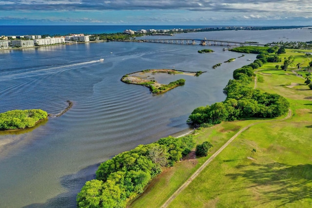 birds eye view of property featuring a water view