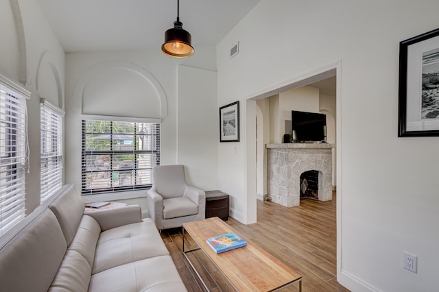 living room with hardwood / wood-style floors and a stone fireplace