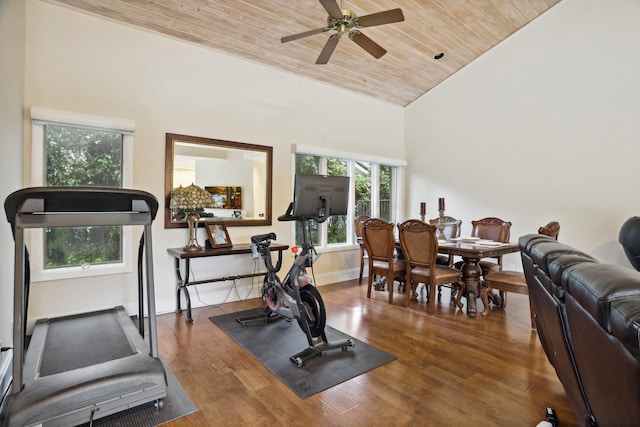 exercise area featuring high vaulted ceiling, dark hardwood / wood-style floors, ceiling fan, and wooden ceiling